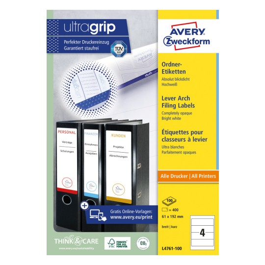 Изображение упаковки: этикетки для папок Avery Zweckform, артикул: L4761-100, формат: 61 x 192 мм, подходит для печати: струйный принтер, лазерный черно-белый, цветной лазер, содержимое: 400 этикеток / 100 листов, 4 этикетки/лист.