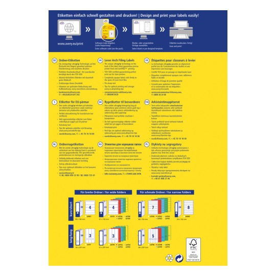 Изображение демонстрирует различные варианты печати этикеток и шаблоны от Avery. Оно включает в себя инструкции по созданию этикеток, использованные уникальные технологии и советы для оптимальной печати. Документ многоязычный, содержит переводы на немецкий, французский, нидерландский, шведский, финский, русский и польский языки. Также он показывает изображения продукции и спецификации для этикеток, подходящих для разных типов папок.