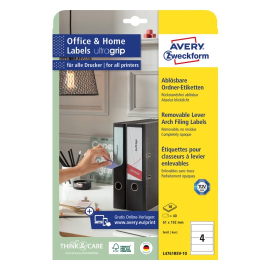 Изображение упаковки: Avery Zweckform этикетки для папок, съемные, артикул: L4761REV-10, формат: 61 x 192 мм, совместимость с принтером: струйный, лазерный (ч/б), цветной лазер, содержание: 40 этикеток / 10 листов, 4 этикетки/лист.