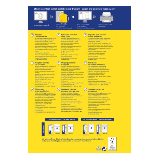 Изображение представляет собой многоязычный рекламный документ о съемных этикетках для папок от Avery. Он включает инструкции по дизайну, печати и характеристикам продукта, представленные на различных языках, таких как немецкий, английский, французский и другие. Этикетки предназначены для папок и предлагают такие преимущества, как бесследное удаление.