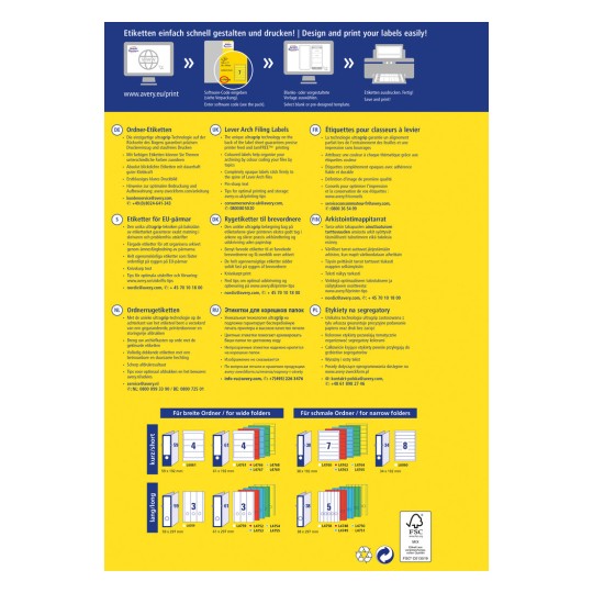Изображение содержит информацию о разработке и печати этикеток с различными функциями и спецификациями для разных типов папок. Включены инструкции и контакты для получения помощи на нескольких языках.