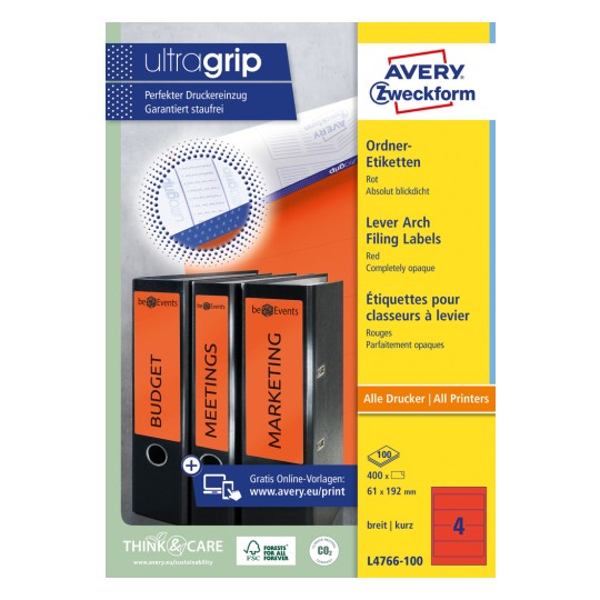 Изображение упаковки: этикетки для папок Avery Zweckform, артикул: L4766-100, формат: 61 x 192 мм, пригодность для печати: струйные принтеры, лазерные (черно-белые), цветные лазерные, содержимое: 400 этикеток / 100 листов, 4 этикетки на лист.