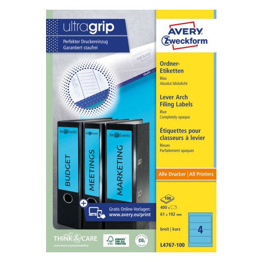 Изображение упаковки: Этикетки для папок Avery Zweckform, артикул: L4767-100, формат: 61 x 192 мм, совместимость с принтером: струйный, лазерный ч/б, цветной лазер, содержание: 400 этикеток / 100 листов, 4 этикетки на лист.