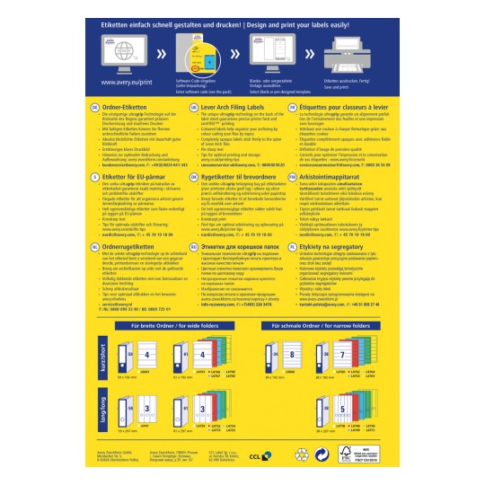Изображение представляет собой рекламный флаер для этикеток для файлов Avery, с описанием особенностей, советами и контактной информацией на нескольких языках. Оно содержит визуальные изображения дизайнов этикеток для различных размеров папок и акцентирует внимание на легкости дизайна и печати.