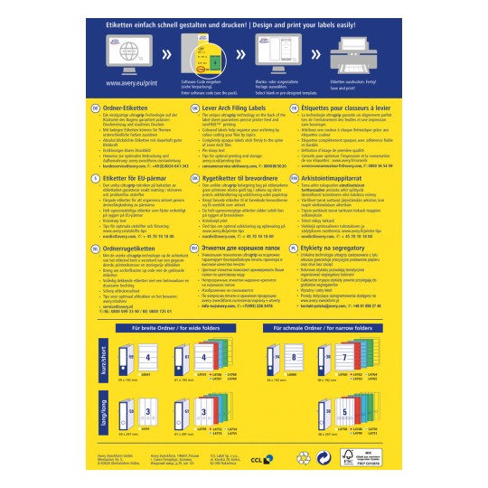 Изображение представляет собой информационную графику о проектировании и печати этикеток, содержит инструкции на нескольких языках, включая детали о типах этикеток для различных размеров папок и советы для оптимального использования.