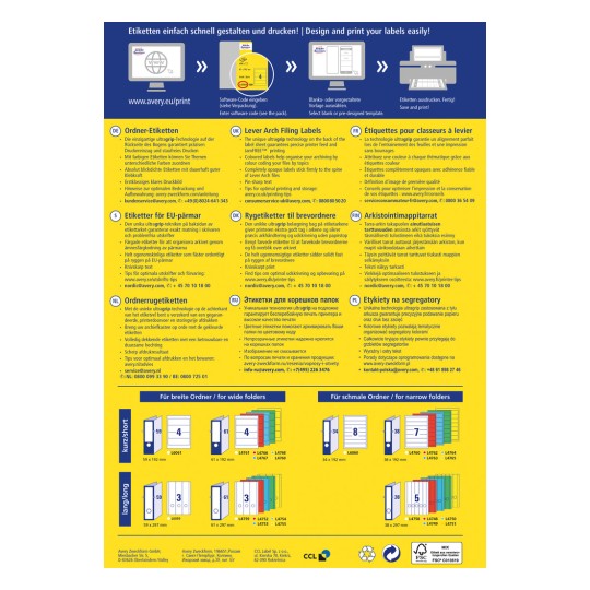 Изображение представляет собой информационную графику о проектировании и печати этикеток для папок-регистраторов. Оно включает различные разделы на нескольких языках с подробной информацией о процессе печати, советами и доступными форматами этикеток, а также контактные данные для поддержки клиентов.