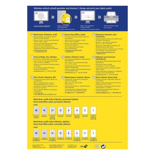 Изображение содержит информацию о продуктах компании Avery, включая подробности о белых водонепроницаемых и особо прочных этикетках. Оно описывает свойства клея, устойчивость к температурам и варианты дизайна на нескольких языках. Также указаны конкретные коды продуктов и размеры.