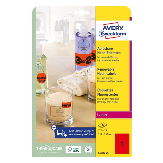 Изображение упаковки: Avery Zweckform неоновые этикетки, артикул: L6005-25, формат: 210 x 297 мм, подходит для печати: черно-белый лазер, цветной лазер, содержимое: 25 этикеток / 25 листов, 1 этикетка/лист.