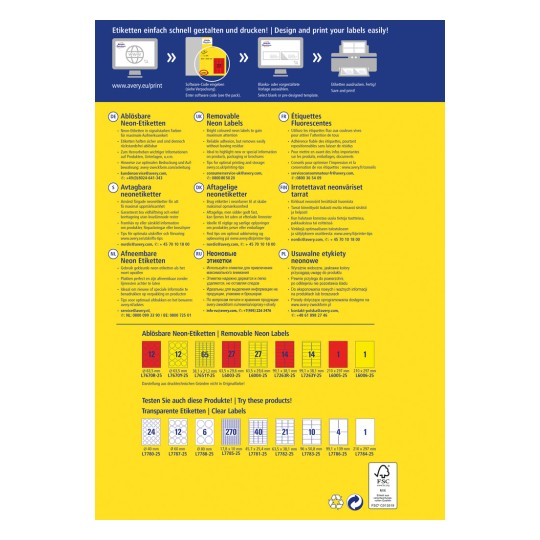 Информационная графика о съемных неоновых ярлыках, демонстрирующая различные размеры ярлыков и предоставляющая инструкции по дизайну и печати. Графика включает многоязычные разделы, описание продукта и контактную информацию.