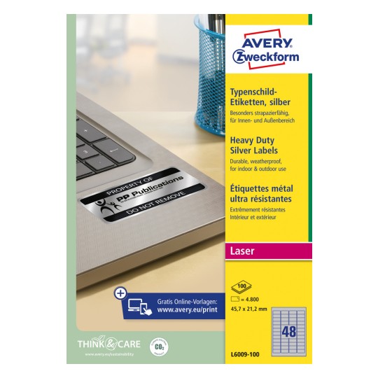 Изображение упаковки: Металлические шильдики Avery Zweckform, артикул: L6009-100, размер: 45,7 x 21,2 мм, подходящие для лазерных черно-белых принтеров, содержание: 4,800 этикеток / 100 листов, 48 этикеток на лист.