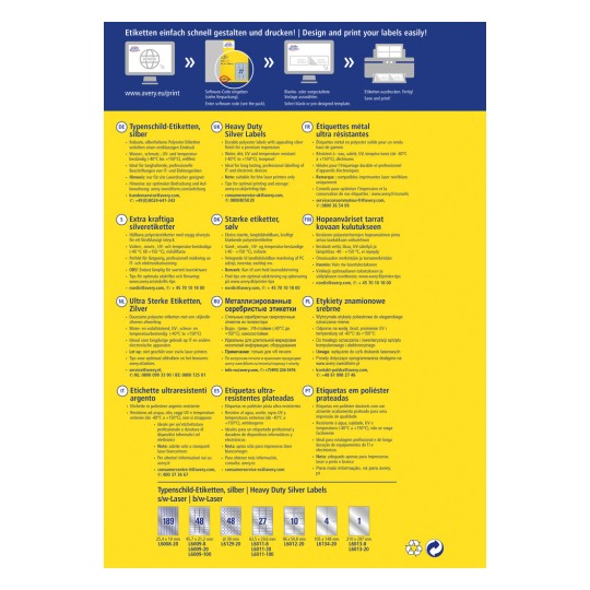 Информационная графика, отображающая различные типы прочных серебряных этикеток от Avery, содержащая описания характеристик этикеток на разных языках, инструкции по применению и информацию о поддержке клиентов. Макет включает размеры продукции и пригодность для различных применений.