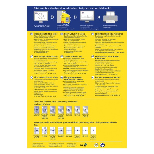 Изображение представляет собой информационную графику о прочных серебряных и белых этикетках компании Avery, с подробной информацией о размерах, применении и инструкциях по печати на нескольких языках.