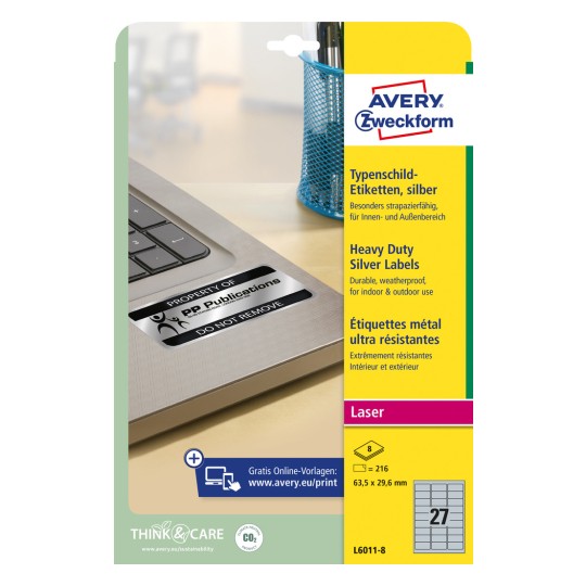 Изображение упаковки: Лицевая этикетка Avery Zweckform, артикул: L6011-8, формат: 63,5 x 29,6 мм, пригодность для печати: лазерный принтер (черно-белый), содержание: 216 этикеток / 8 листов, 27 этикеток/лист.