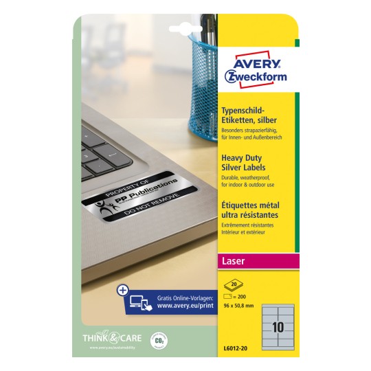 Упаковка: Avery Zweckform серебряные таблички-этикетки, артикул: L6012-20, формат: 96 x 50,8 мм, совместимость с принтерами: лазерный ч/б, содержимое: 200 этикеток / 20 листов, 10 этикеток/лист.