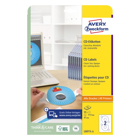 Упаковка: Этикетки для CD Avery Zweckform ClassicSize, Артикул: L6015-25, Формат: ⌀ 117 мм, Подходит для печати: струйные принтеры, лазерные принтеры черно-белые, цветные лазерные, Содержание: 50 этикеток / 25 листов, 2 этикетки на лист.