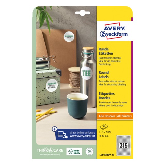 Изображение упаковки: Avery Zweckform круглые этикетки, артикул: L6019REV-25, формат: ⌀ 10 мм, пригодность для печати: струйный, черно-белый лазерный, цветной лазерный принтеры, содержание: 7875 этикеток / 25 листов, 315 этикеток/лист.