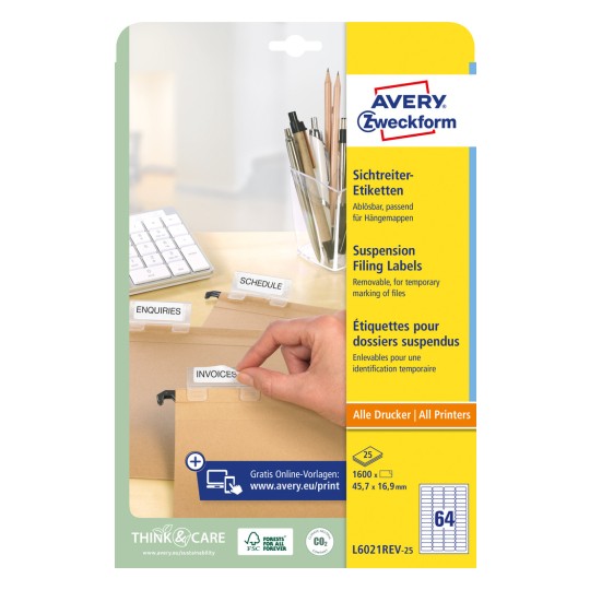Изображение упаковки: Avery Zweckform этикетки для картотеки, Артикул: L6021REV-25, Формат: 45,7 х 16,9 мм, совместимость с принтерами: струйные, лазерные черно-белые, цветные лазерные, содержимое: 1600 этикеток / 25 листов, 64 этикетки/лист.