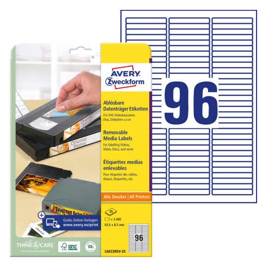 Изображение упаковки с листами этикеток: Avery Zweckform этикетки для Data Cartridge, артикул: L6022REV-25, формат: 63,5 x 8,5 мм, пригодность для печати: струйный, монохромный лазерный, цветной лазерный принтер, содержимое: 2 400 этикеток / 25 листов, 96 этикеток/лист.
