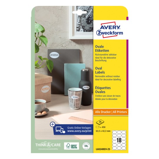 Изображение упаковки: Avery Zweckform Овальные этикетки, артикул: L6024REV-25, формат: 63,5 x 42,3 мм, пригодность для печати: струйный принтер, лазерный принтер ч/б, цветной лазерный принтер, содержание: 450 этикеток / 25 листов, 18 этикеток/лист.