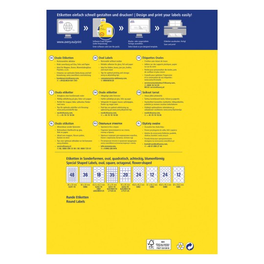 Изображение содержит информацию о различных типах этикеток, включая овальные и особой формы, а также руководства по дизайну и печати. Оно включает разделы на нескольких языках, включая немецкий, английский, нидерландский и финский, с описанием характеристик продукции и контактной информации.
