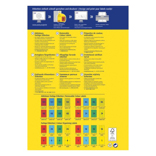 Изображение демонстрирует руководство по дизайну цветной этикетки от Avery, включающее различные типы, размеры этикеток и советы по печати. Оно содержит информацию на нескольких языках о многоразовых цветных этикетках и этикетках для организации.