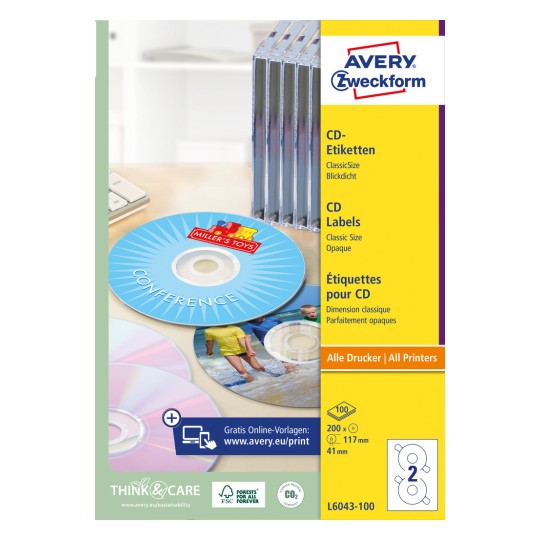Изображение упаковки: Этикетки для CD Avery Zweckform ClassicSize, Артикул: L6043-100, Формат: ⌀ 117 мм, Пригодность для печати: струйные принтеры, лазерные черно-белые принтеры, цветные лазерные принтеры, Содержимое: 200 этикеток / 100 листов, 2 этикетки/лист.