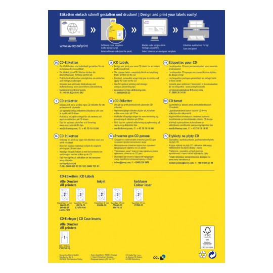 Изображение представляет собой информационное руководство по созданию и печати этикеток для компакт-дисков. Оно содержит инструкции на нескольких языках, советы по использованию и коды продуктов для различных этикеток. Дизайн яркий и включает в себя графику для облегчения понимания.
