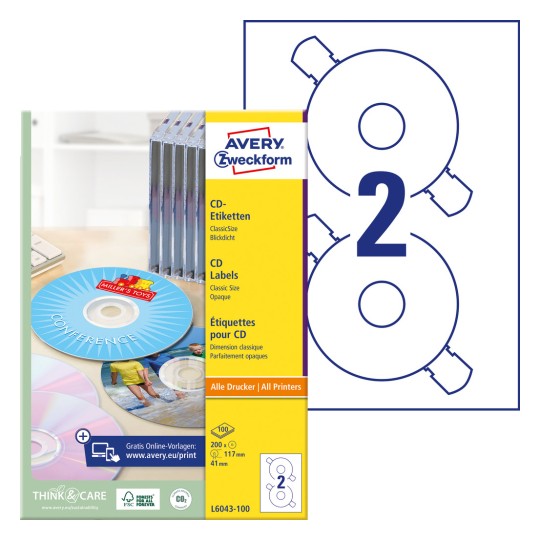 Изображение упаковки с листами этикеток: Avery Zweckform CD-Этикетки ClassicSize, Артикул: L6043-100, Формат: ⌀ 117 мм, Подходят для печати: струйная, лазерная ч/б, цветная лазерная, Содержание: 200 этикеток / 100 листов, 2 этикетки/лист.
