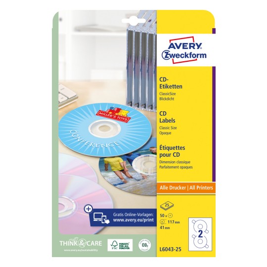 Изображение упаковки: этикетки для CD Avery Zweckform ClassicSize, артикул: L6043-25, формат: ⌀ 117 мм, совместимость с принтерами: струйные, лазерные ч/б, цветные лазерные, содержание: 50 этикеток / 25 листов, 2 этикетки/лист.
