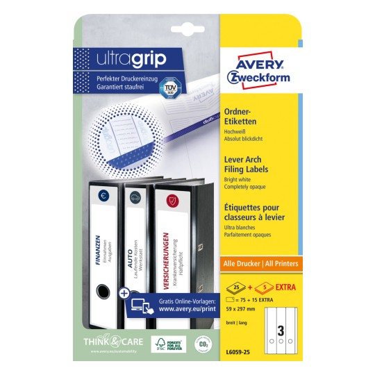 Изображение упаковки: этикетки для папок Avery Zweckform, артикул: L6059-25, формат: 59 x 297 мм, пригодность для печати: струйный принтер, черно-белый лазер, цветной лазер, содержание: 90 этикеток / 30 листов, 3 этикетки/лист.