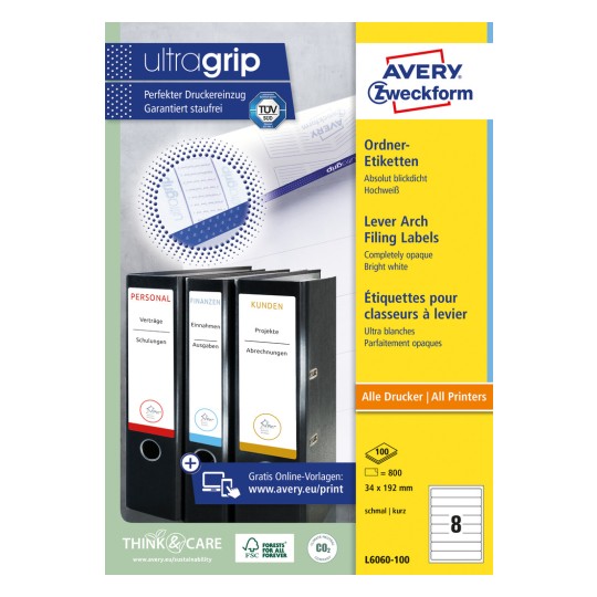 Изображение упаковки: наклейки для папок Avery Zweckform, артикул: L6060-100, формат: 34 x 192 мм, пригодность для печати: струйная, лазерная ч/б, цветная лазерная, содержимое: 800 наклеек / 100 листов, 8 наклеек/лист.