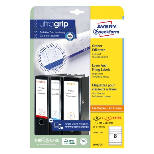 Изображение упаковки: этикетки для папок Avery Zweckform, артикул: L6060-25, формат: 34 x 192 мм, пригодность для печати: струйные принтеры, лазерные принтеры ч/б, цветные лазерные принтеры, содержимое: 240 этикеток / 30 листов, 8 этикеток/лист.