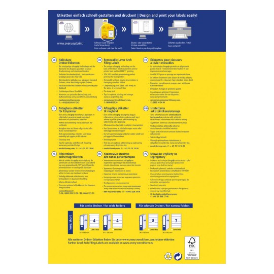 Изображение содержит информацию о съемных этикетках для архивных папок. Включены инструкции по разработке, печати и применению этих этикеток, а также сравнение размеров для различных типов папок. Текст представлен на нескольких языках, включая немецкий, французский, нидерландский, финский, русский и польский.