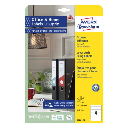 Изображение упаковки: Етикетки для папок Avery Zweckform, артикул: L6061-10, формат: 59 x 192 мм, совместимость с принтерами: Inkjet, Laser черно-белый, цветной лазер, содержимое: 40 этикеток / 10 листов, 4 этикетки/лист.