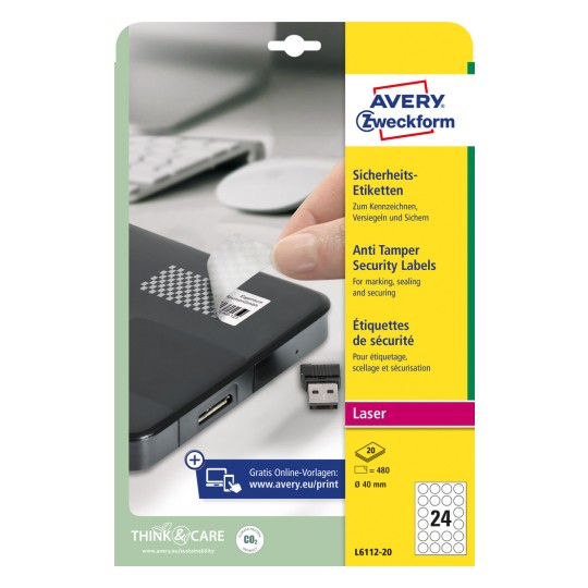Изображение упаковки: Avery Zweckform защитные этикетки, артикул: L6112-20, формат: ⌀ 40 мм, подходящие для печати: лазерный черно-белый принтер, цветной лазерный принтер, содержимое: 480 этикеток / 20 листов, 24 этикетки/лист.