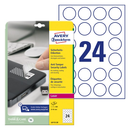Изображение пакета с этикетками: Avery Zweckform Sicherheits-Etiketten, артикул: L6112-20, формат: ⌀ 40 мм, пригодность для печати: лазер ч/б, цветной лазер, содержимое: 480 этикеток / 20 листов, 24 этикетки/лист.