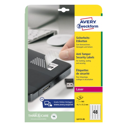 Изображение упаковки: Avery Zweckform защитные этикетки, товар: L6113-20, формат: 45,7 x 21,2 мм, пригодность для печати: лазерная черно-белая, цветной лазер, содержимое: 960 этикеток / 20 листов, 48 этикеток/лист.