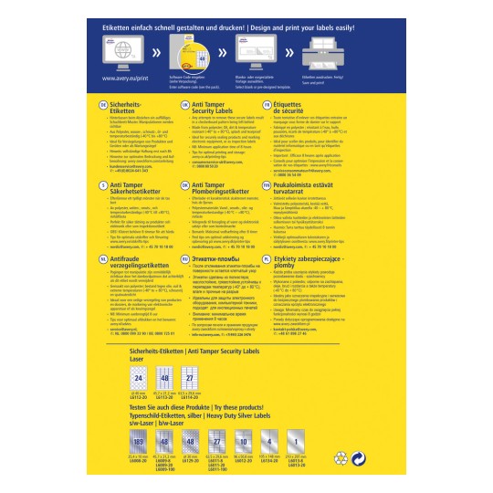 Изображение представляет собой брошюру продукта для защитных этикеток от несанкционированного вскрытия, в которой описаны их характеристики, спецификации материалов, инструкции по применению и доступные размеры на нескольких языках. Она содержит контактную информацию и предложения по использованию.