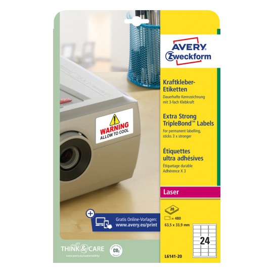 Изображение упаковки: Avery Zweckform клеевые этикетки Крафт, Артикул: L6141-20, Формат: 63,5 x 33,9 мм, Подходит для печати: лазерная ч/б, цветной лазер, Содержание: 480 этикеток / 20 листов, 24 этикетки/лист.