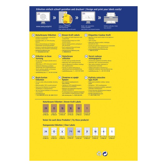 Изображение показывает различные этикетки, предлагаемые компанией Avery, подчёркивая коричневые крафт-этикетки и их характеристики. Оно включает информацию о материалах, советы по печати и контакты службы поддержки клиентов на нескольких языках.