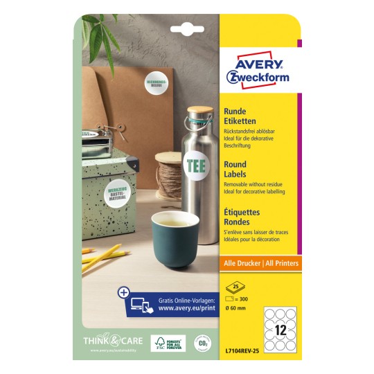 Изображение упаковки: Avery Zweckform круглые этикетки, Артикул: L7104REV-25, Формат: ⌀ 60 мм, Подходят для печати: струйные принтеры, лазерные ч/б, цветные лазерные, Содержимое: 300 этикеток / 25 листов, 12 этикеток/лист.