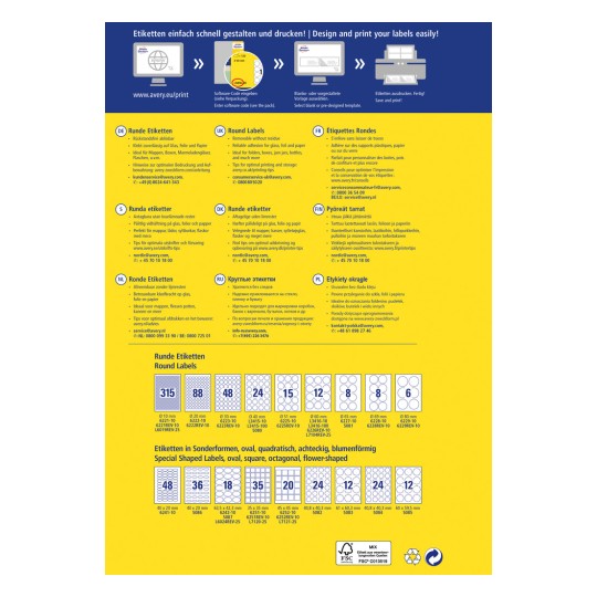Изображение является листовкой или постером, детализирующим круглые ярлыки, включая инструкции и спецификации на различных языках. Оно представляет информацию от бренда Avery о проектировании и печати ярлыков, предоставляя размеры и примеры форм ярлыков вместе с контактной информацией.