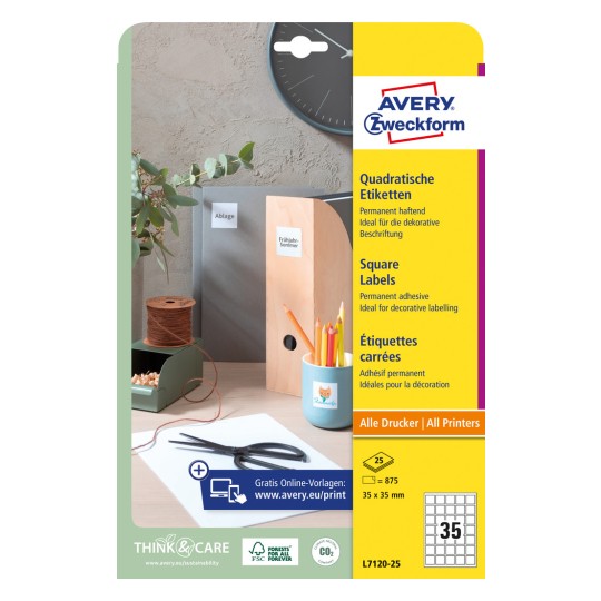 Изображение упаковки: Avery Zweckform квадратные этикетки, артикул: L7120-25, формат: 35 x 35 мм, совместимость с принтером: струйный, лазерный черно-белый, цветной лазерный, содержание: 875 этикеток / 25 листов, 35 этикеток/лист.
