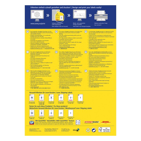 Изображение представляет собой рекламный флаер для лазерных этикеток Avery. Оно подчеркивает технологию ultragrit, функцию QuickPEEL и содержит инструкции по использованию этикеток на нескольких языках. Включает коды продуктов, советы по оптимальной печати и список связанных продуктов.