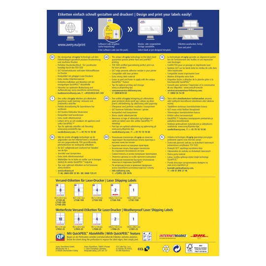 Изображение показывает информацию о проектировании и печати этикеток, включая такие детали, как совместимость с лазерными принтерами, функция QuickPEEL для облегченного нанесения и различные размеры этикеток.