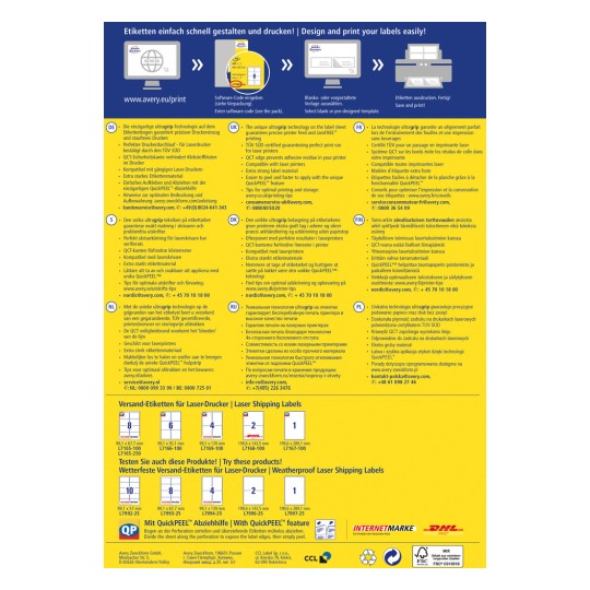 Изображение представляет собой рекламный флаер или инструкционное руководство для транспортировочных этикеток Avery для лазерной печати. Оно описывает особенности и преимущества этикеток, технологии печати и предоставляет контактную информацию на нескольких языках, включая немецкий, английский, французский, голландский, датский, финский, польский и русский.