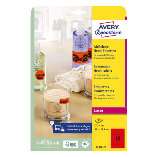Изображение упаковки: Avery Zweckform неоновые этикетки, артикул: L7263R-25, формат: 99,1 x 38,1 мм, подходящие для печати: черно-белый лазер, цветной лазер, содержимое: 350 этикеток / 25 листов, 14 этикеток на лист.