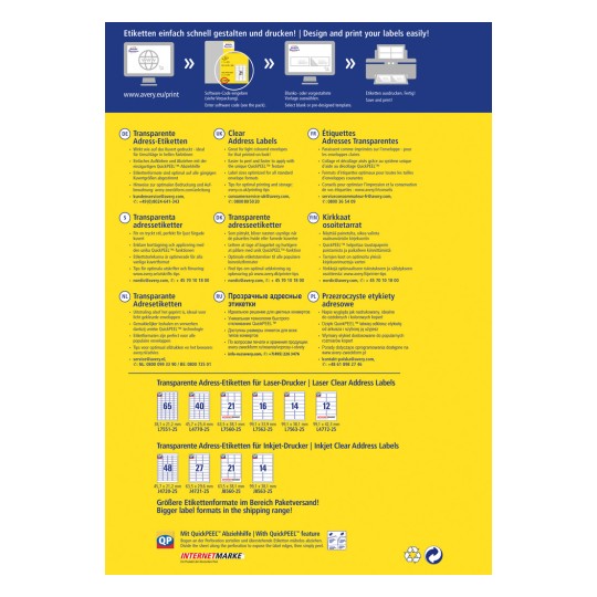 Изображение представляет собой рекламный флаер для прозрачных адресных этикеток Avery, содержащий инструкции по печати, характеристики продукта и информацию по поддержке клиентов на нескольких языках. Включает информацию о форматах этикеток для лазерных и струйных принтеров и выделяет функцию QuickPEEL для легкого снятия этикеток.