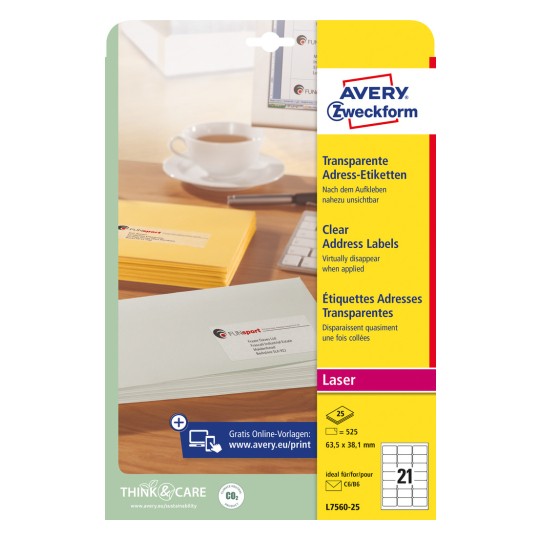 Изображение упаковки: Avery Zweckform прозрачные почтовые этикетки, для лазерных принтеров, артикул: L7560-25, формат: 63,5 x 38,1 мм, пригодность для печати: лазерный принтер ч/б, цветной лазерный принтер, содержание: 525 этикеток / 25 листов, 21 этикетка/лист.