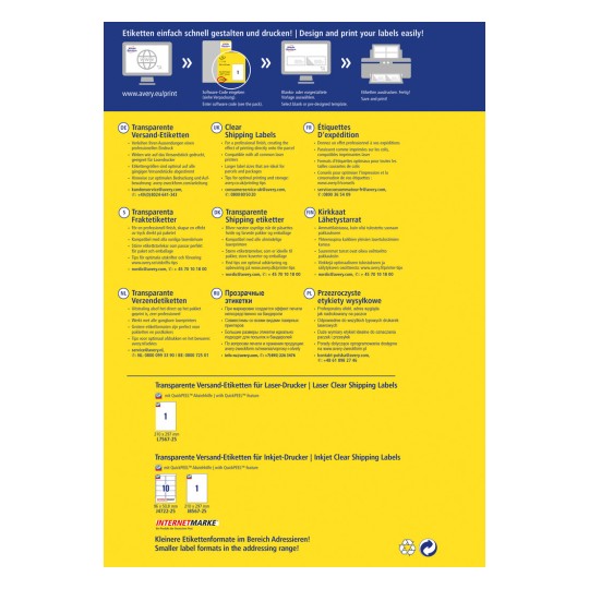 Изображение представляет собой рекламный флаер для прозрачных этикеток Avery для отправки посылок. Он включает инструкции на нескольких языках и подчеркивает совместимость с лазерными и струйными принтерами. Предоставлено множество вариантов этикеток и шаблонов для легкого проектирования и печати.
